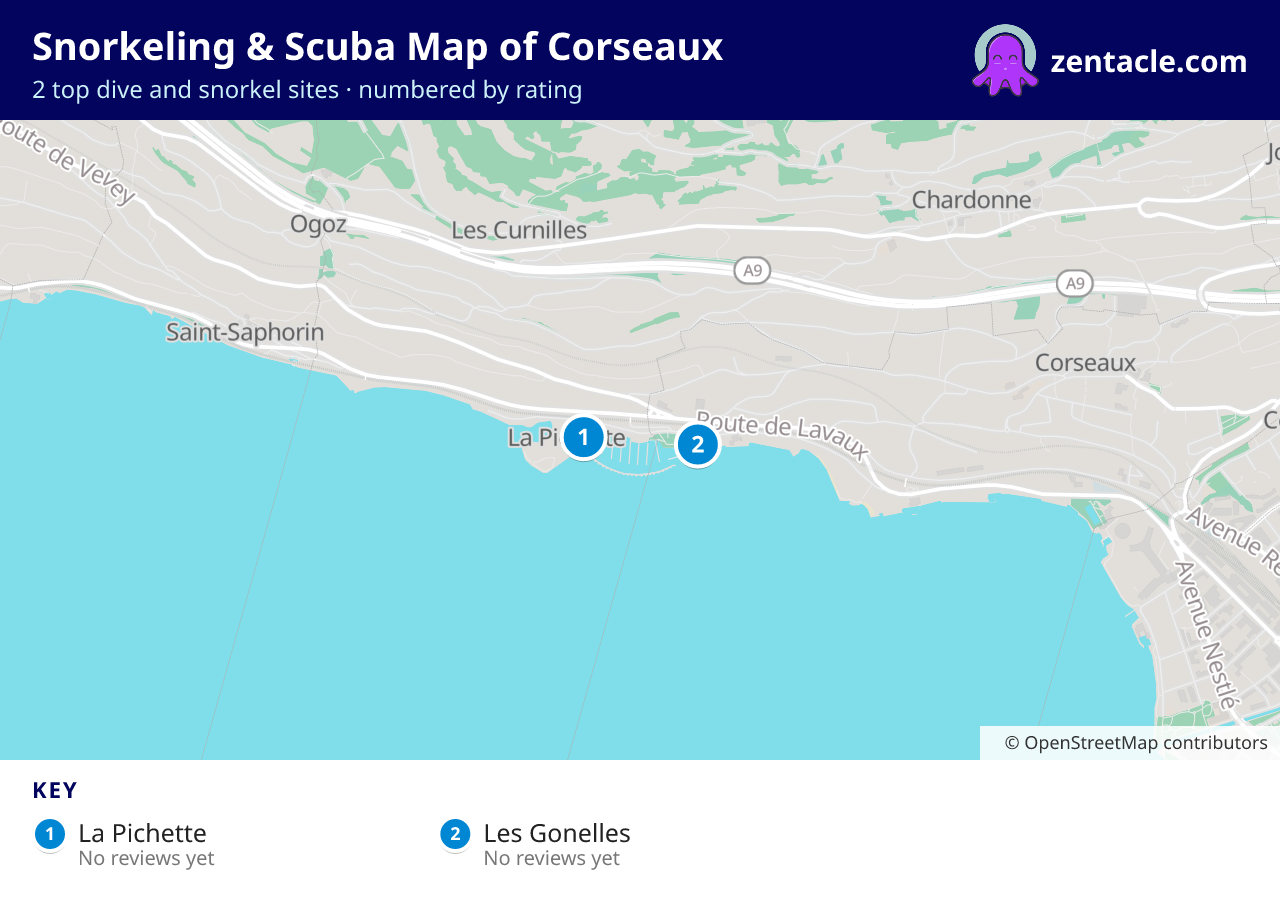 Snorkeling & Scuba Map of Corseaux: numbered map of the top 2 dive and snorkel sites, with ratings