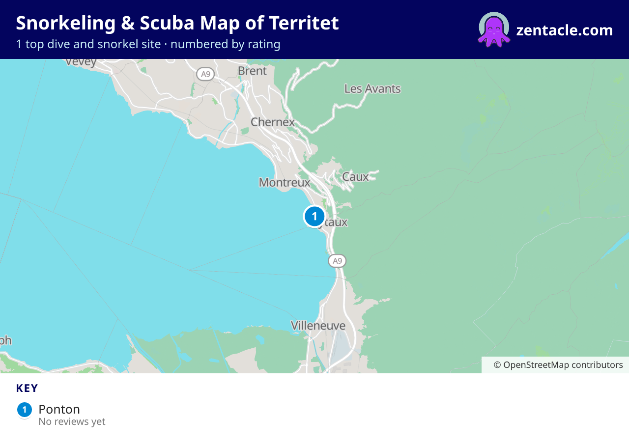 Snorkeling & Scuba Map of Territet: numbered map of the top 1 dive and snorkel sites, with ratings