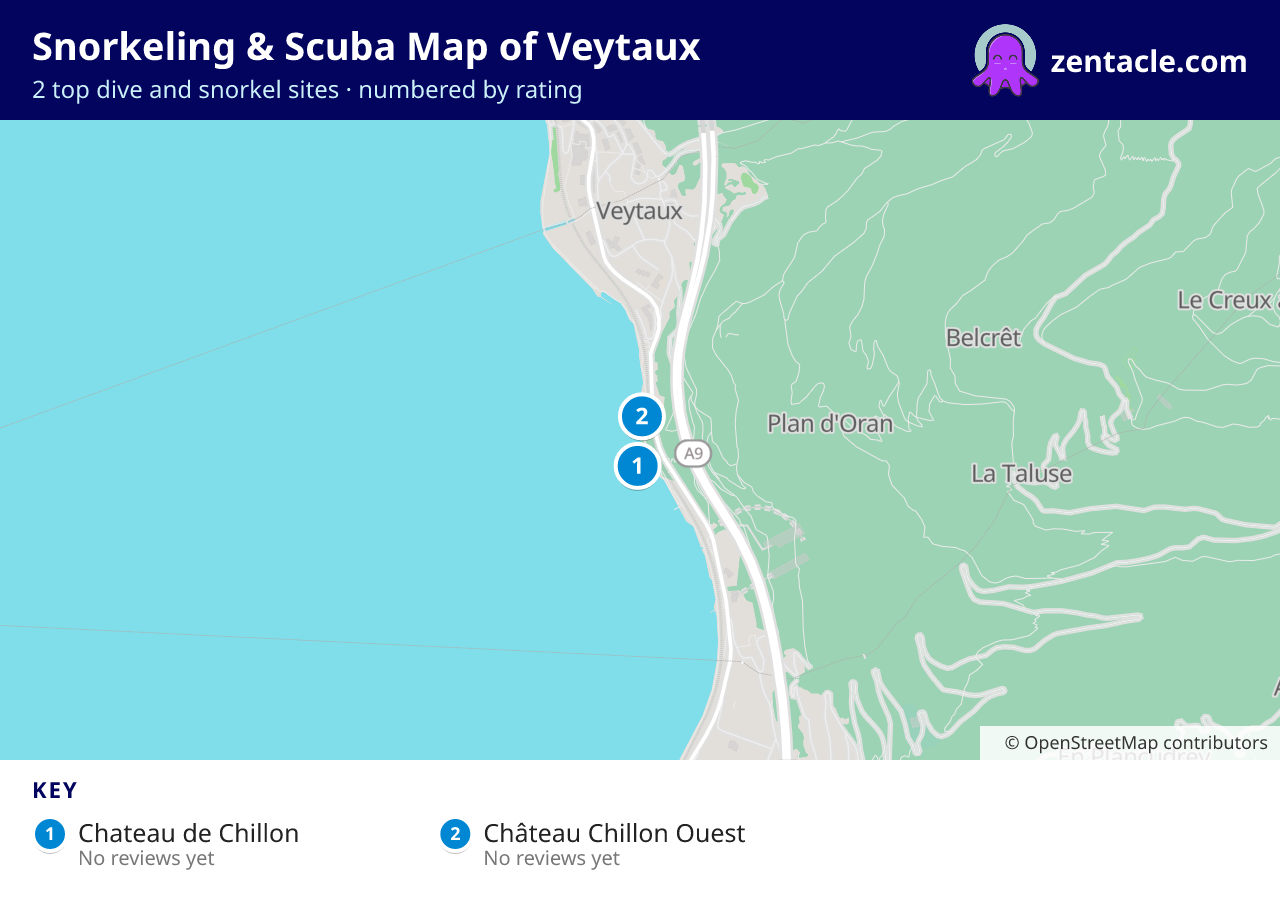 Snorkeling & Scuba Map of Veytaux: numbered map of the top 2 dive and snorkel sites, with ratings
