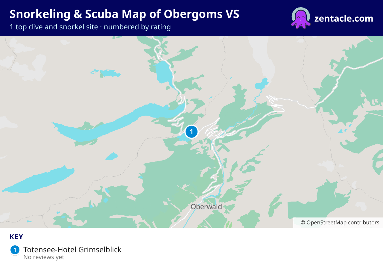 Snorkeling & Scuba Map of Obergoms VS: numbered map of the top 1 dive and snorkel sites, with ratings