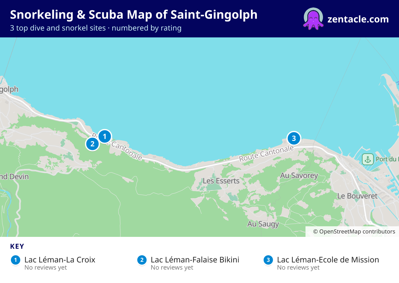 Snorkeling & Scuba Map of Saint-Gingolph: numbered map of the top 3 dive and snorkel sites, with ratings