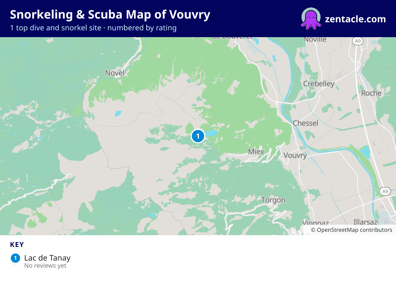 Snorkeling & Scuba Map of Vouvry: numbered map of the top 1 dive and snorkel sites, with ratings