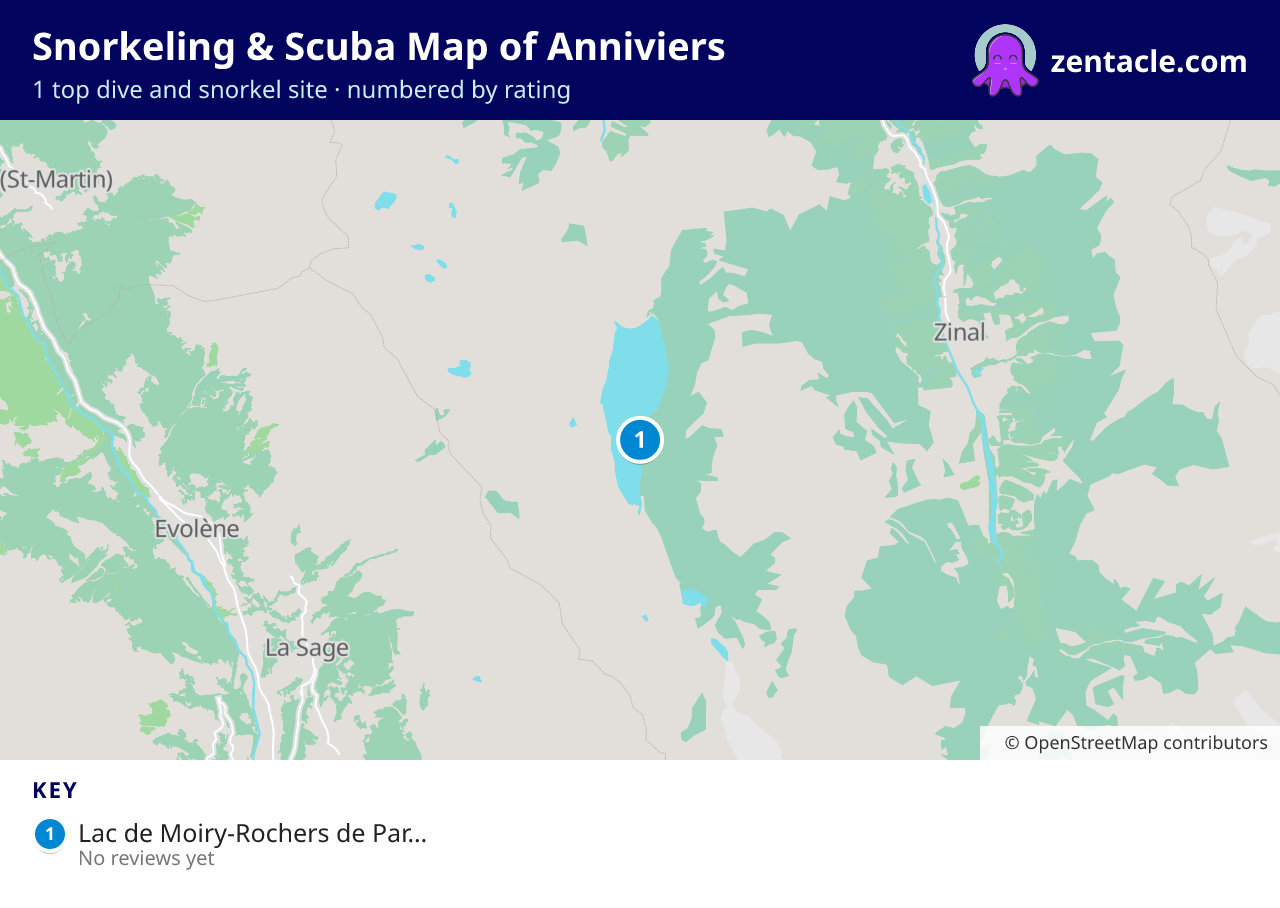 Snorkeling & Scuba Map of Anniviers: numbered map of the top 1 dive and snorkel sites, with ratings