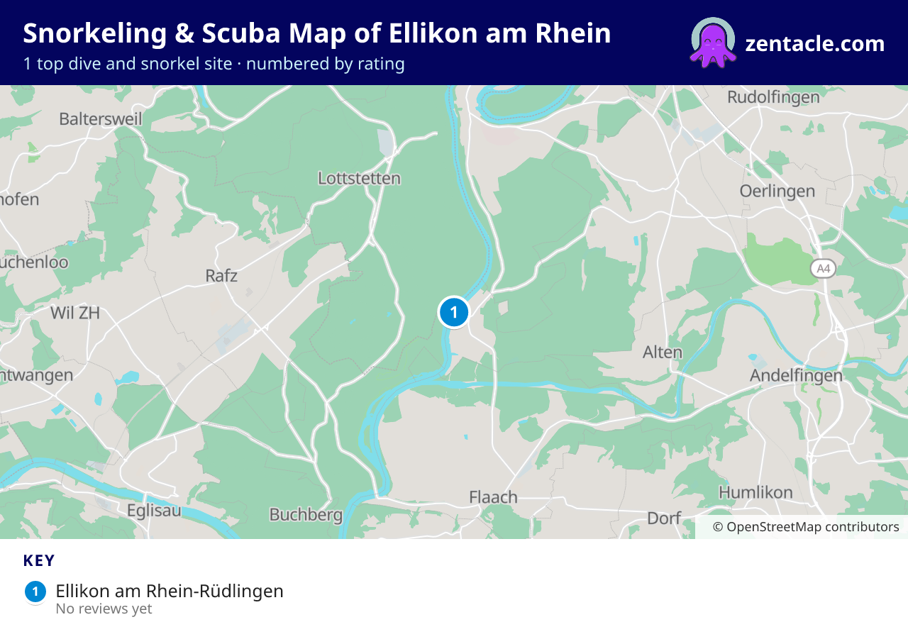 Snorkeling & Scuba Map of Ellikon am Rhein: numbered map of the top 1 dive and snorkel sites, with ratings