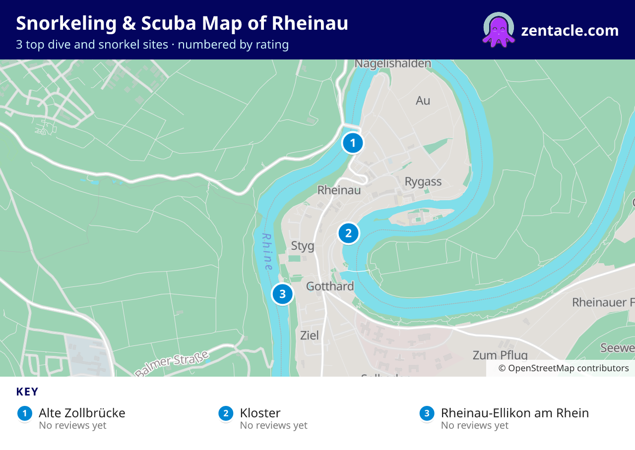 Snorkeling & Scuba Map of Rheinau: numbered map of the top 3 dive and snorkel sites, with ratings