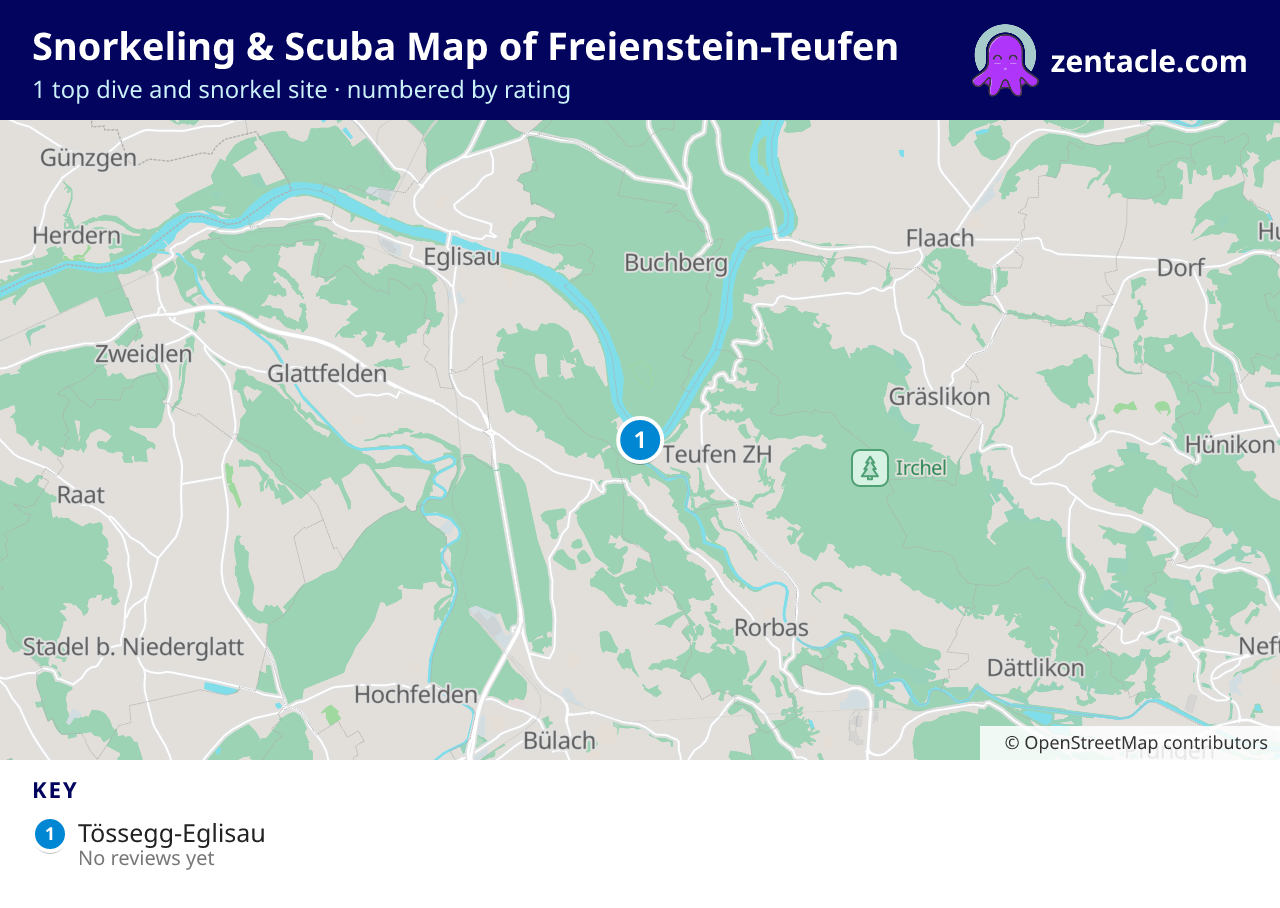 Snorkeling & Scuba Map of Freienstein-Teufen: numbered map of the top 1 dive and snorkel sites, with ratings