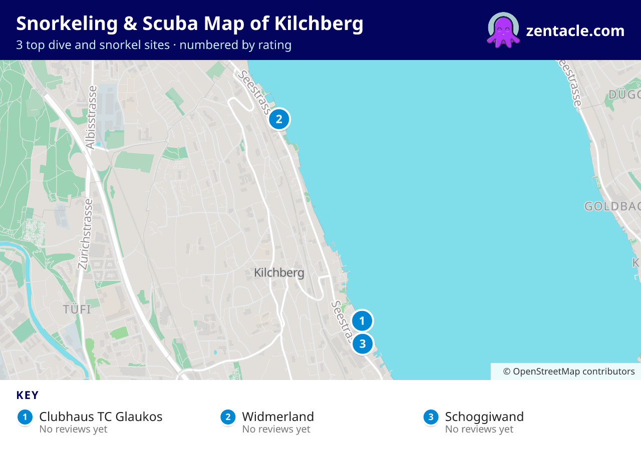 Snorkeling & Scuba Map of Kilchberg: numbered map of the top 3 dive and snorkel sites, with ratings