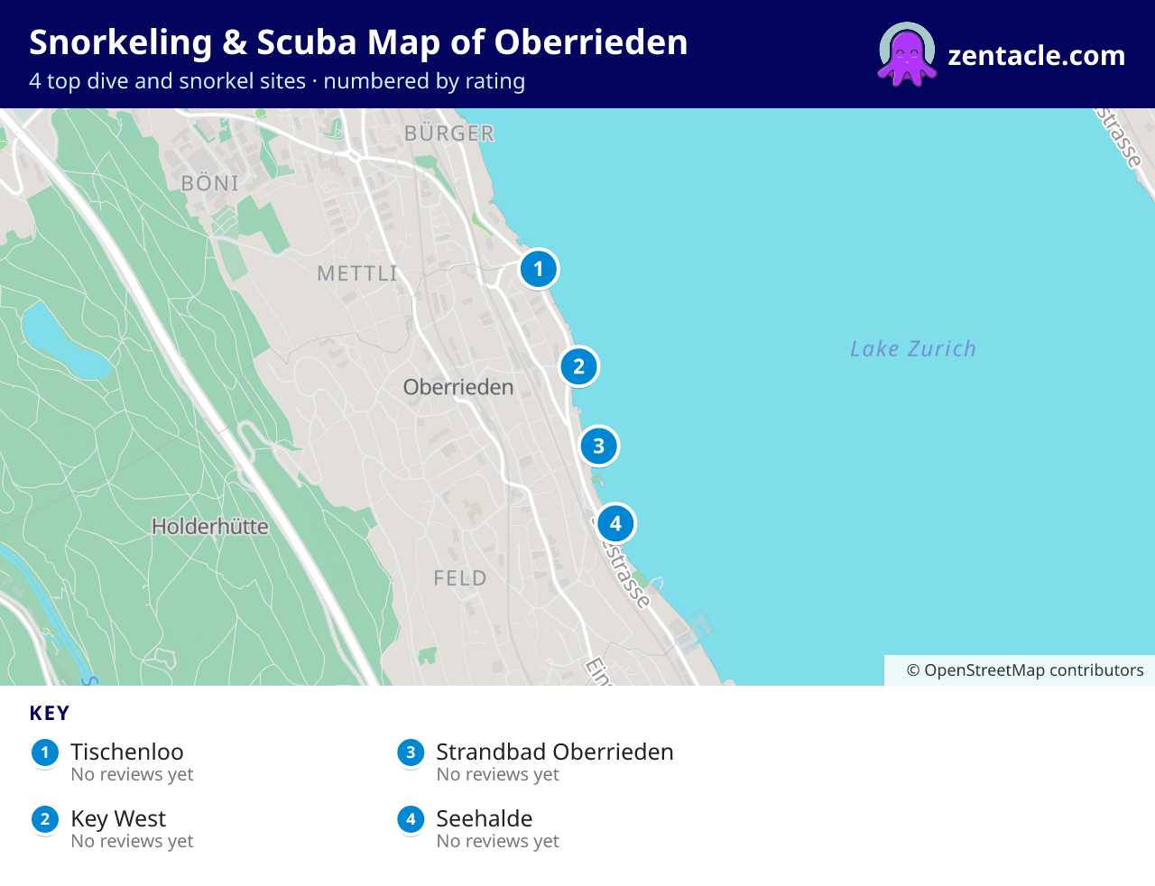 Snorkeling & Scuba Map of Oberrieden: numbered map of the top 4 dive and snorkel sites, with ratings