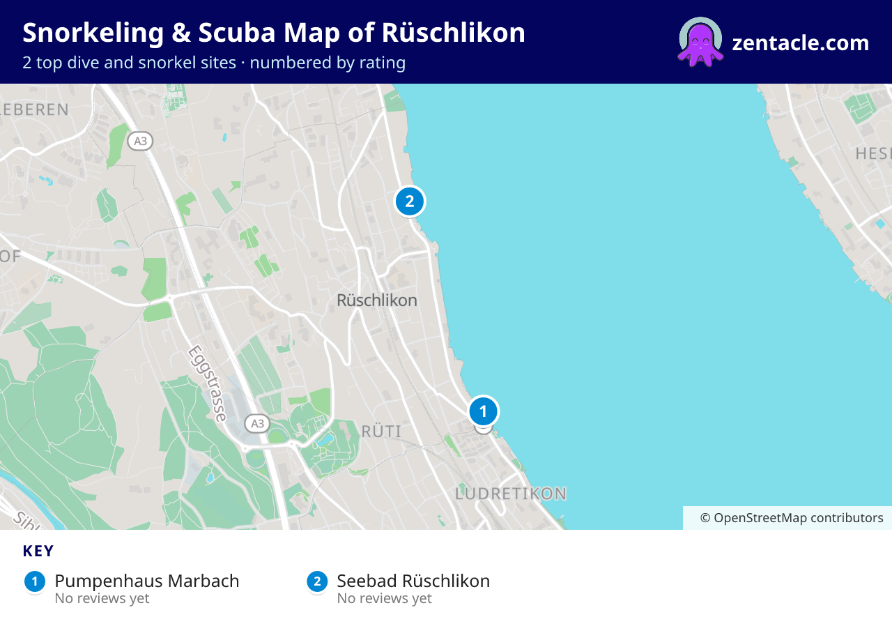 Snorkeling & Scuba Map of Rüschlikon: numbered map of the top 2 dive and snorkel sites, with ratings