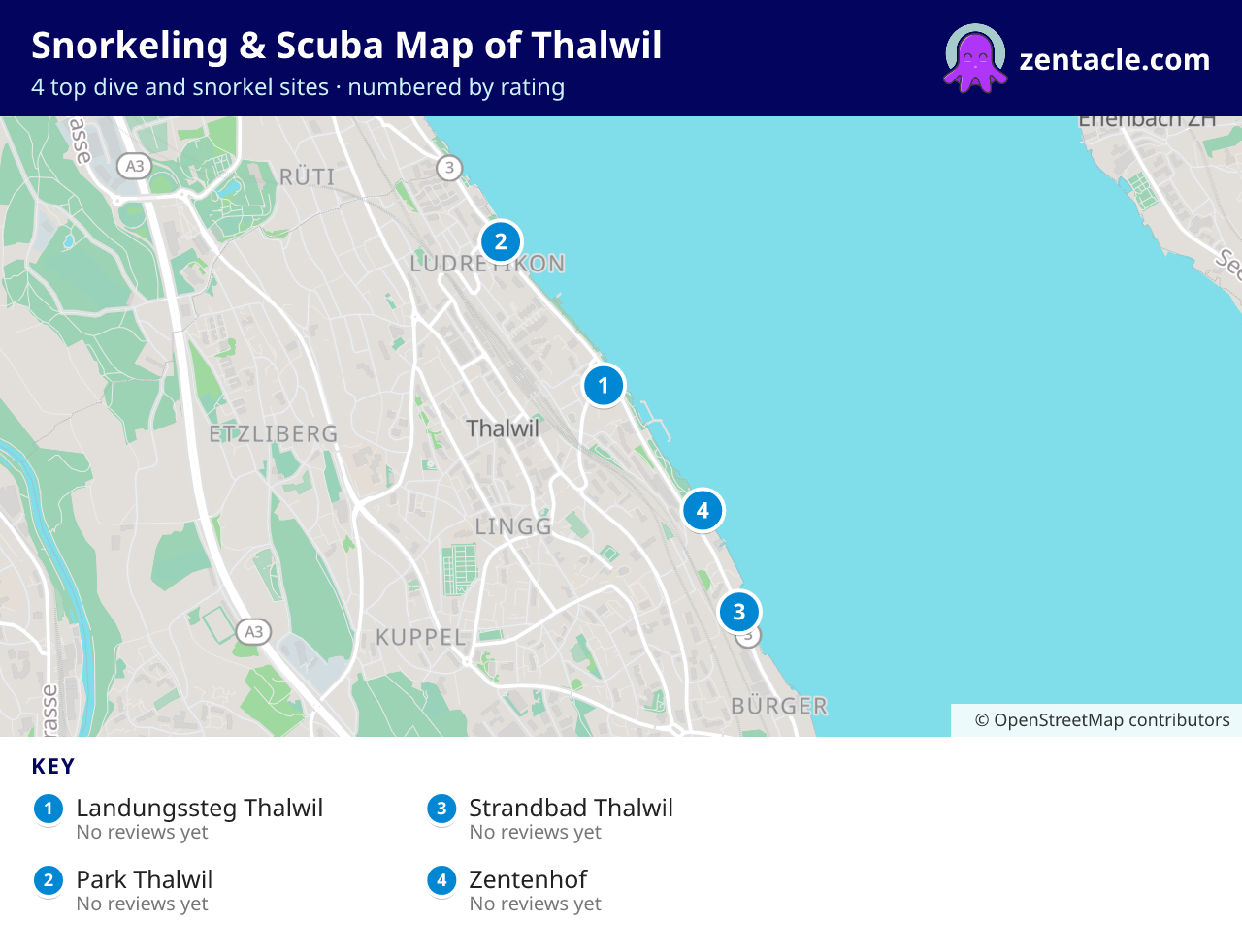 Snorkeling & Scuba Map of Thalwil: numbered map of the top 4 dive and snorkel sites, with ratings