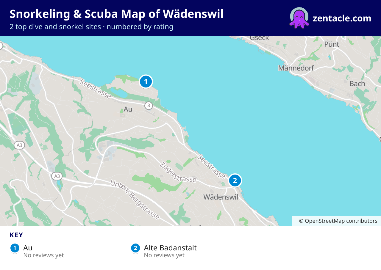 Snorkeling & Scuba Map of Wädenswil: numbered map of the top 2 dive and snorkel sites, with ratings