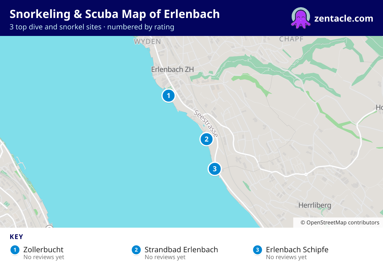 Snorkeling & Scuba Map of Erlenbach: numbered map of the top 3 dive and snorkel sites, with ratings