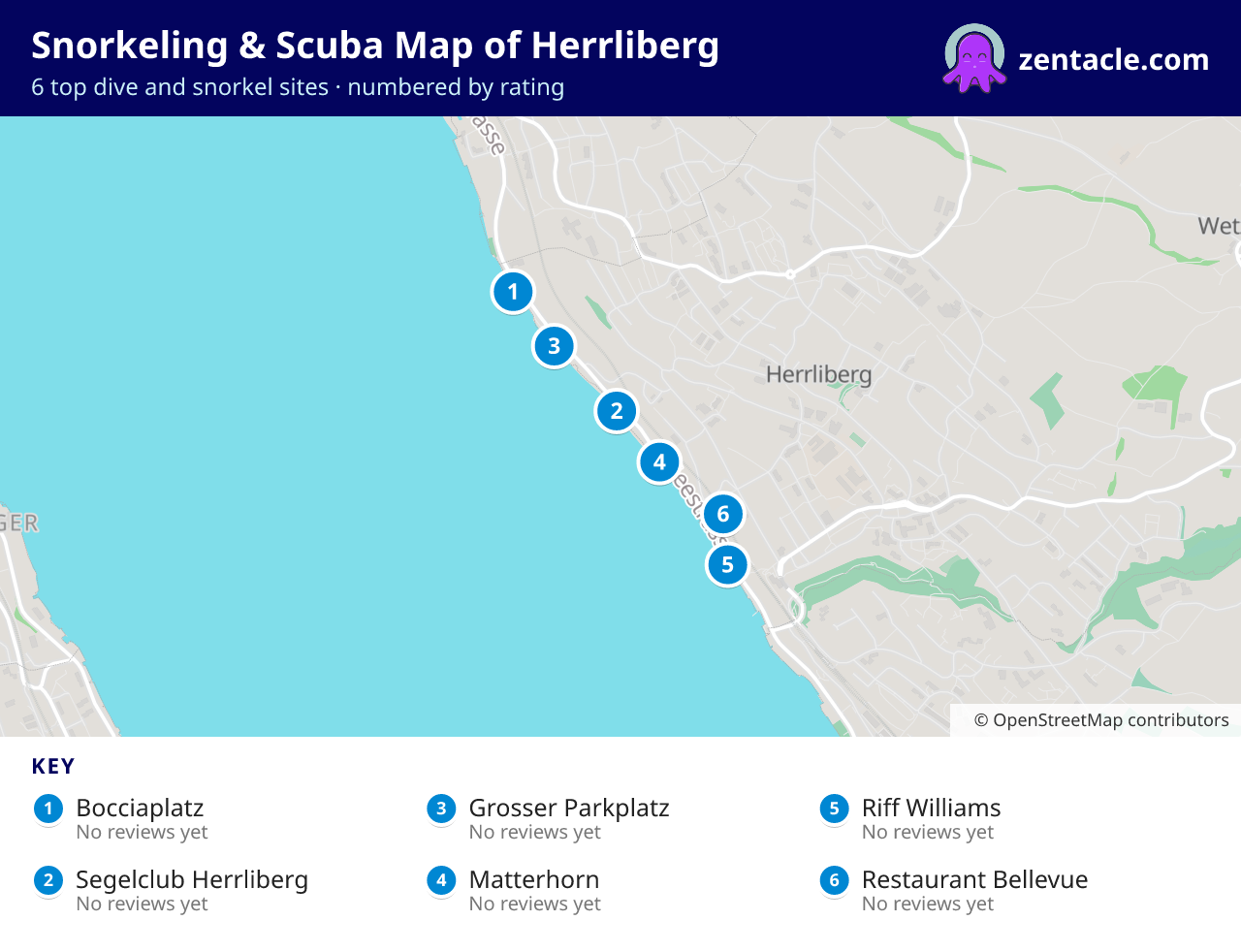 Snorkeling & Scuba Map of Herrliberg: numbered map of the top 6 dive and snorkel sites, with ratings