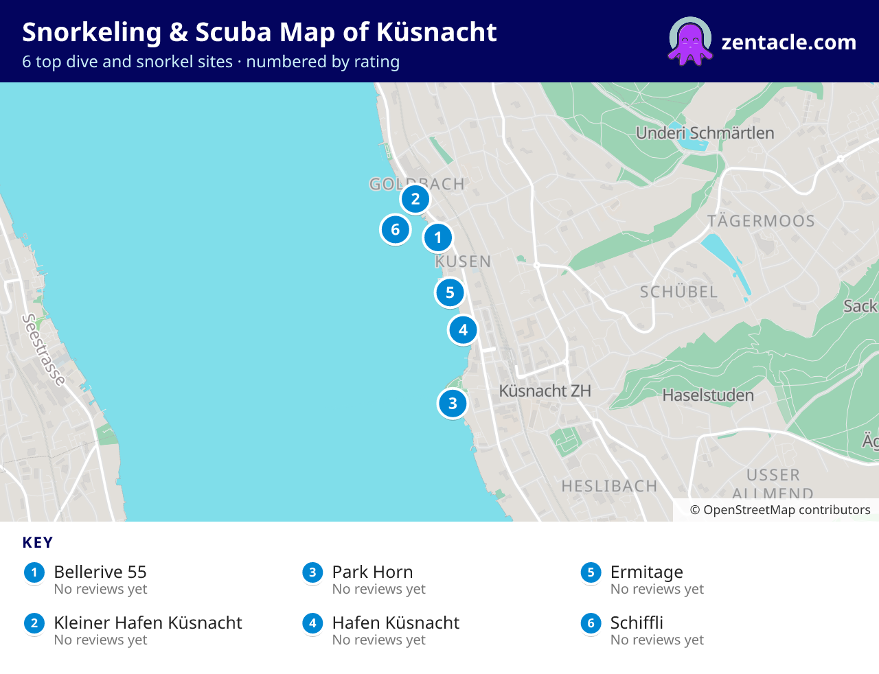 Snorkeling & Scuba Map of Küsnacht: numbered map of the top 6 dive and snorkel sites, with ratings