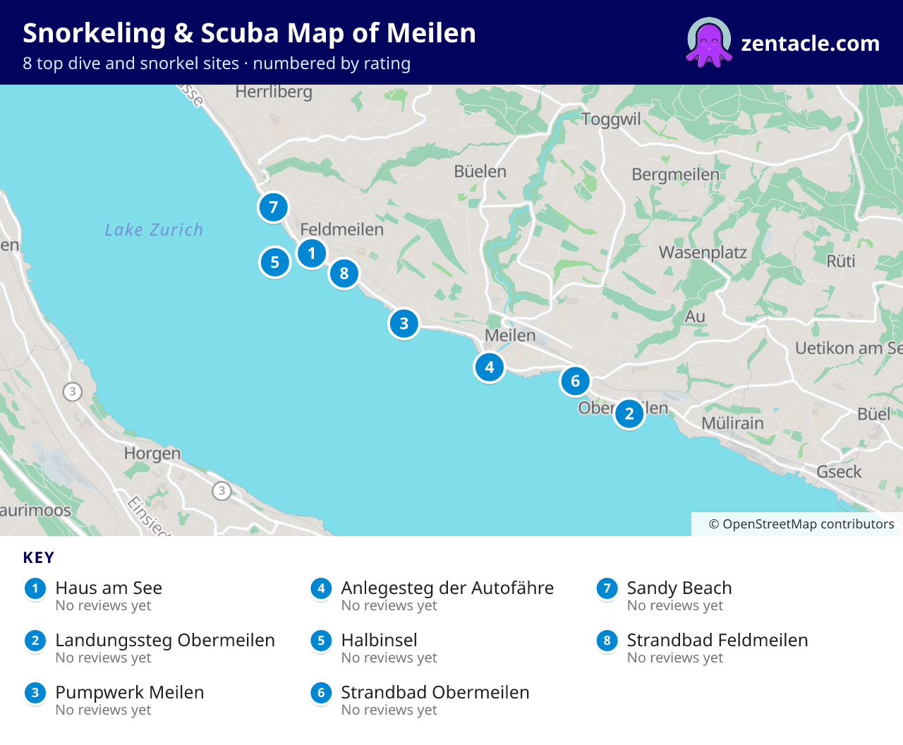 Snorkeling & Scuba Map of Meilen: numbered map of the top 8 dive and snorkel sites, with ratings