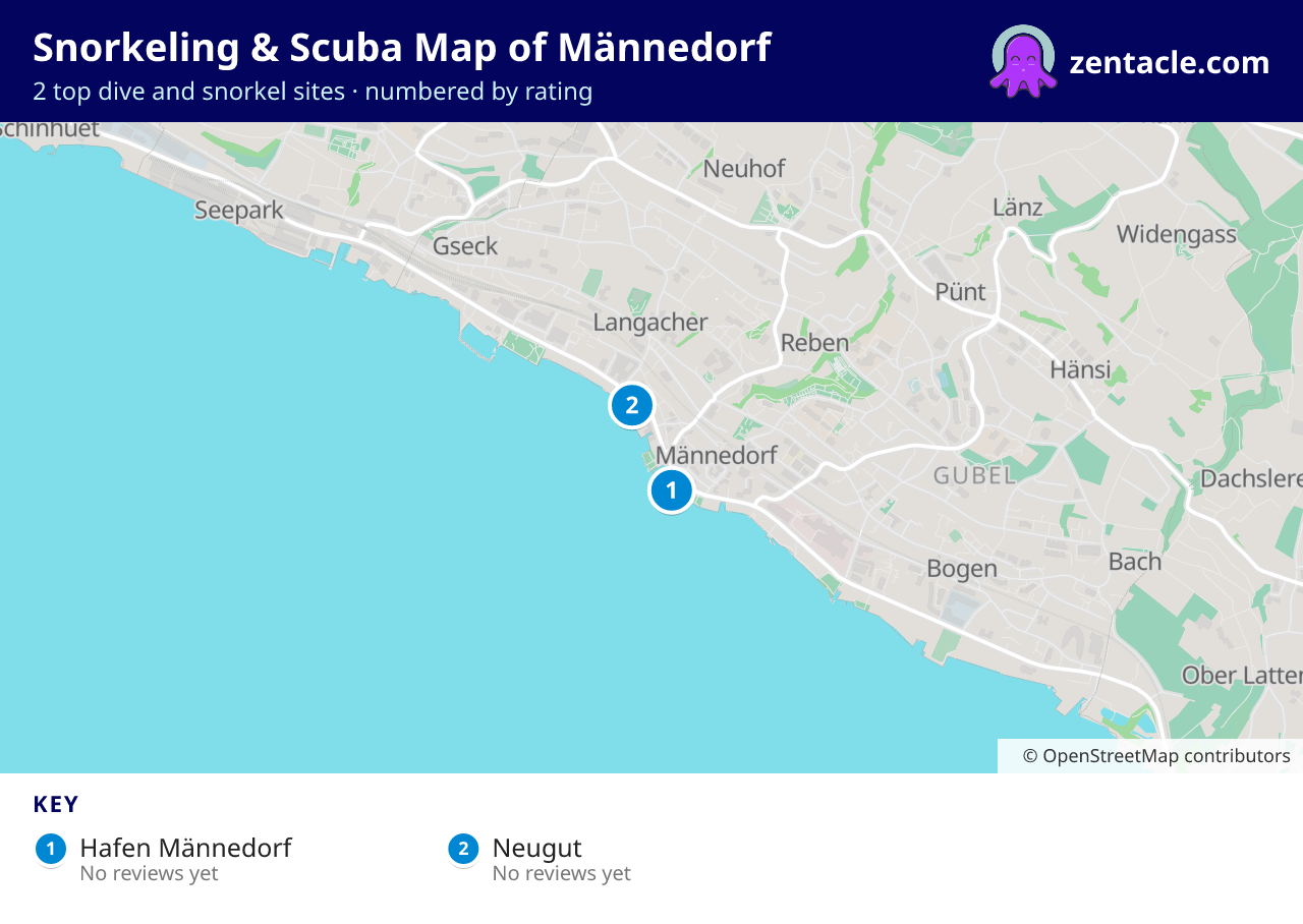 Snorkeling & Scuba Map of Männedorf: numbered map of the top 2 dive and snorkel sites, with ratings