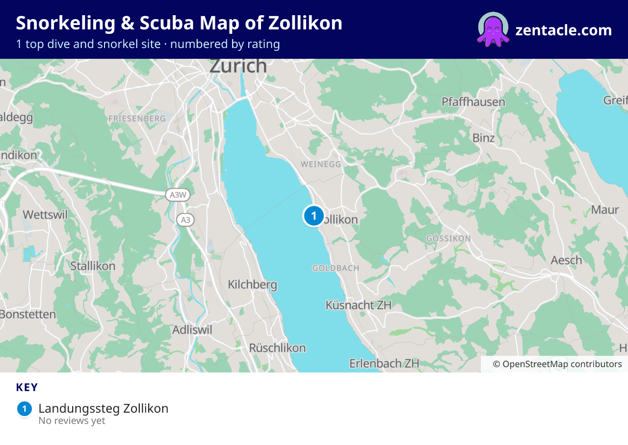 Snorkeling & Scuba Map of Zollikon: numbered map of the top 1 dive and snorkel sites, with ratings