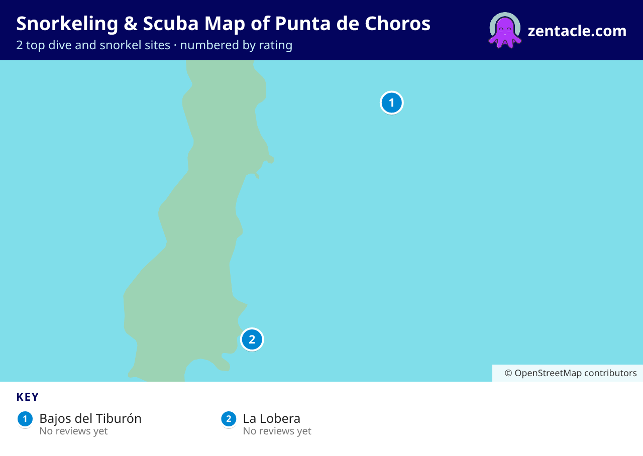 Snorkeling & Scuba Map of Punta de Choros: numbered map of the top 2 dive and snorkel sites, with ratings