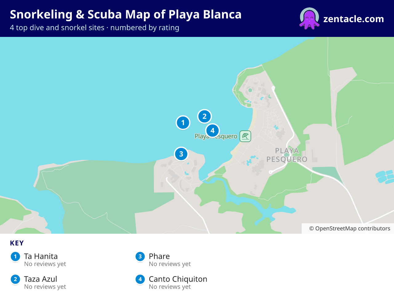 Snorkeling & Scuba Map of Playa Blanca: numbered map of the top 4 dive and snorkel sites, with ratings
