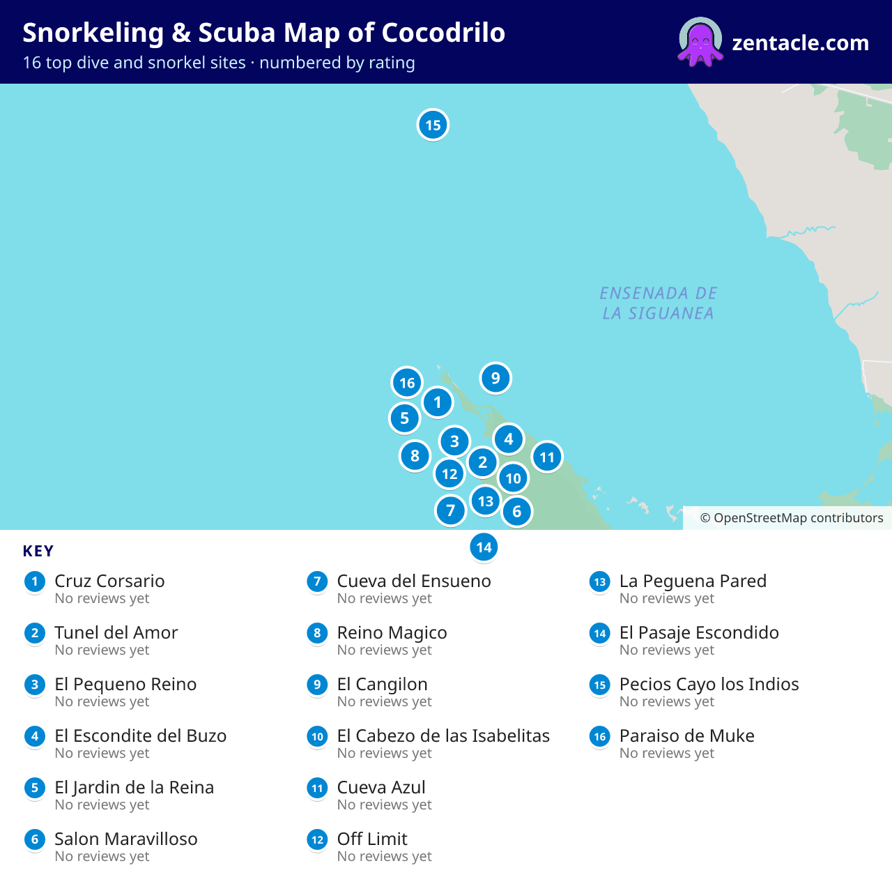 Snorkeling & Scuba Map of Cocodrilo: numbered map of the top 16 dive and snorkel sites, with ratings