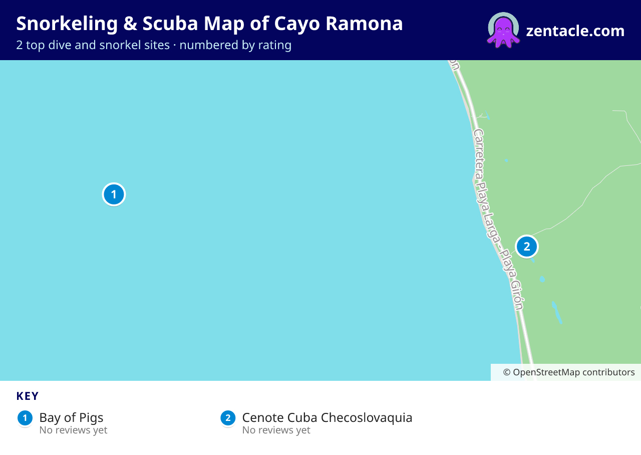 Snorkeling & Scuba Map of Cayo Ramona: numbered map of the top 2 dive and snorkel sites, with ratings