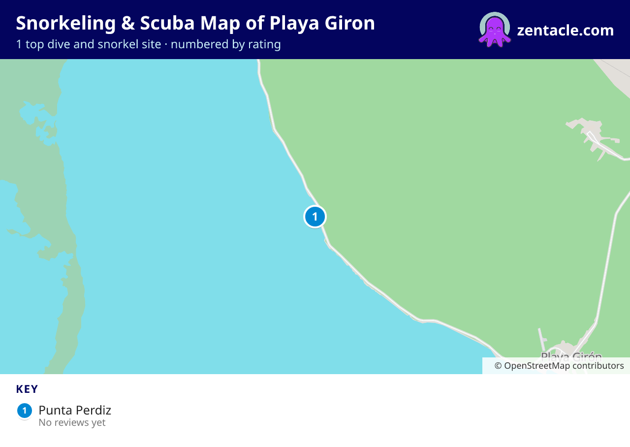Snorkeling & Scuba Map of Playa Giron: numbered map of the top 1 dive and snorkel sites, with ratings