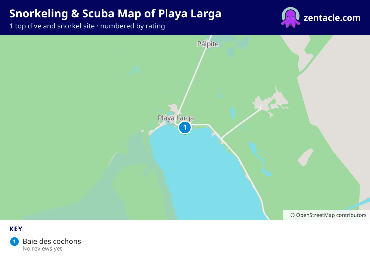 Snorkeling & Scuba Map of Playa Larga: numbered map of the top 1 dive and snorkel sites, with ratings