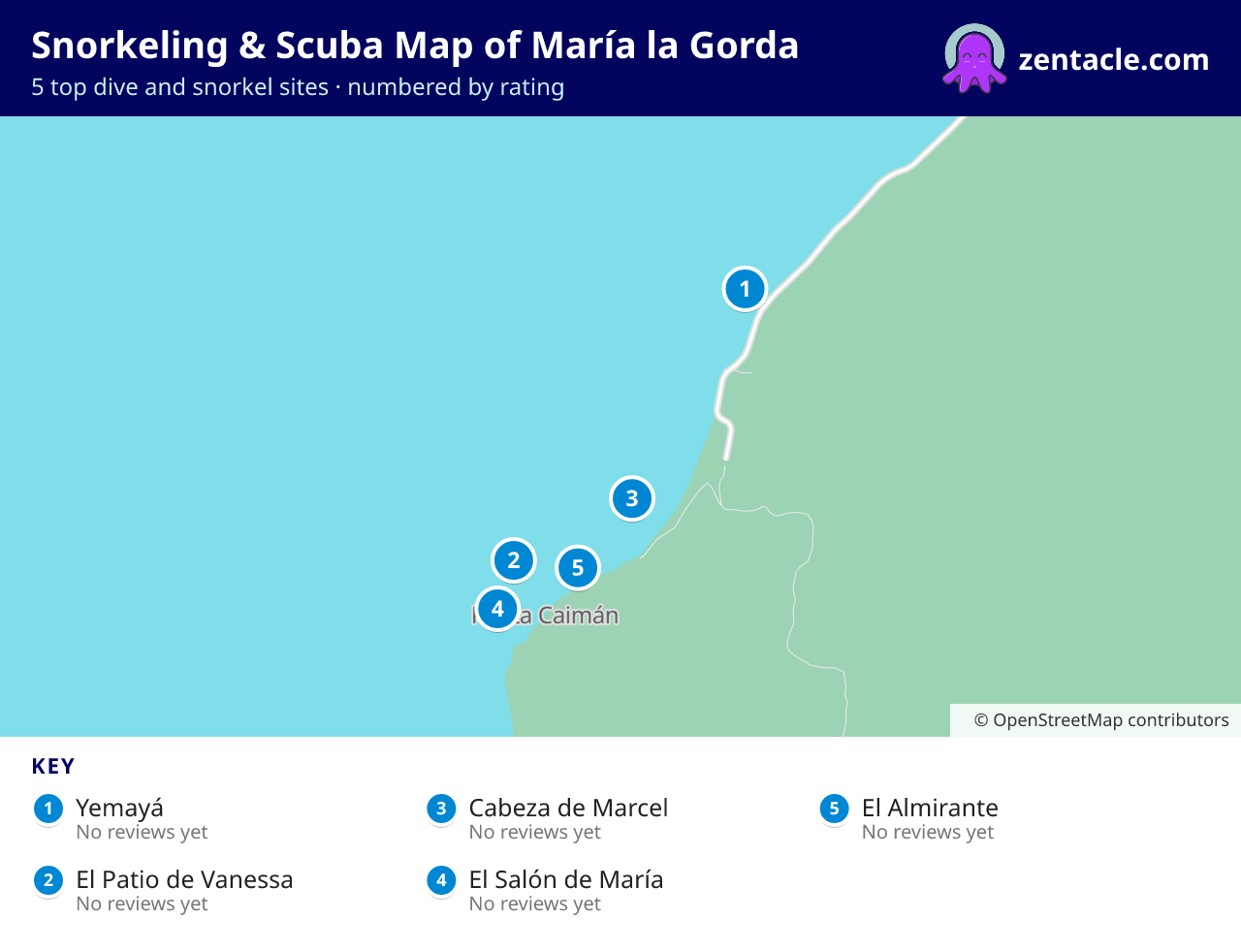 Snorkeling & Scuba Map of María la Gorda: numbered map of the top 5 dive and snorkel sites, with ratings