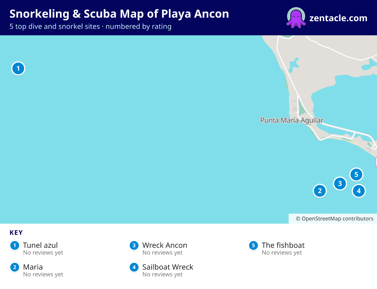Snorkeling & Scuba Map of Playa Ancon: numbered map of the top 5 dive and snorkel sites, with ratings