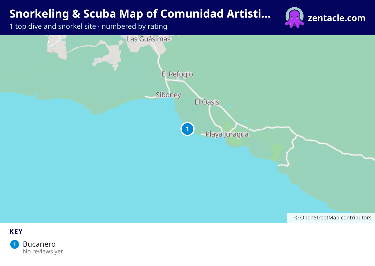 Snorkeling & Scuba Map of Comunidad Artistica El Oasis: numbered map of the top 1 dive and snorkel sites, with ratings