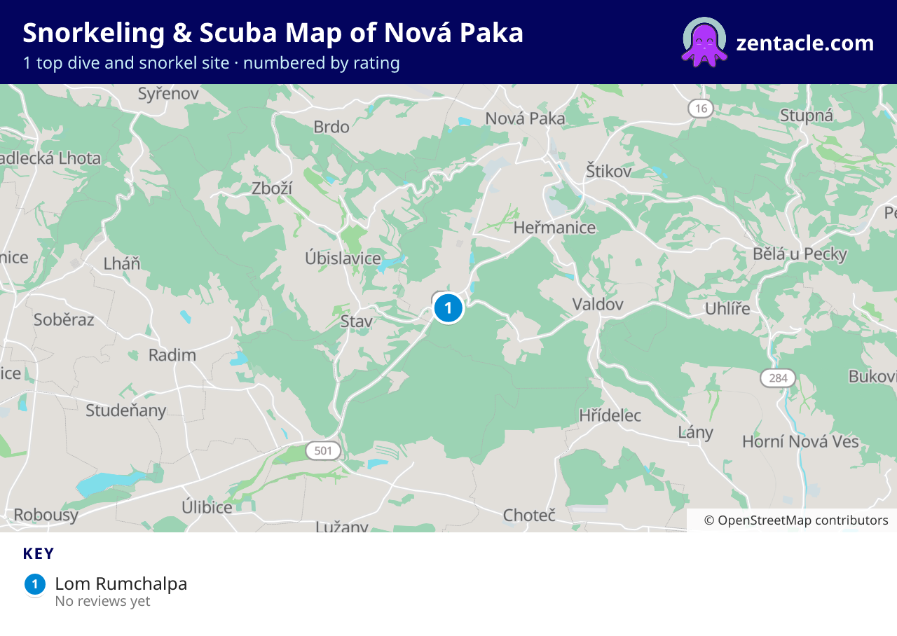 Snorkeling & Scuba Map of Nová Paka: numbered map of the top 1 dive and snorkel sites, with ratings