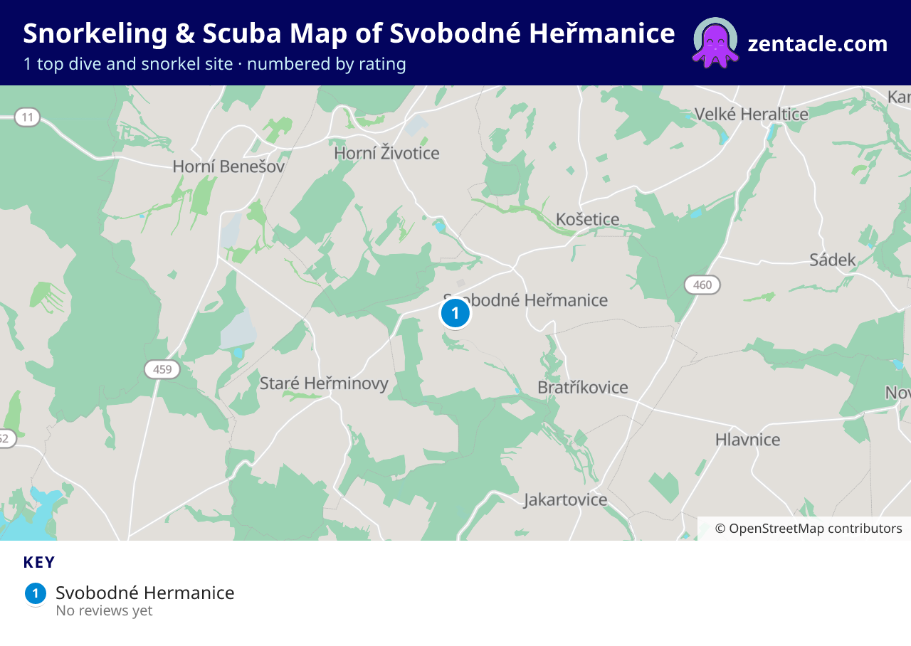 Snorkeling & Scuba Map of Svobodné Heřmanice: numbered map of the top 1 dive and snorkel sites, with ratings