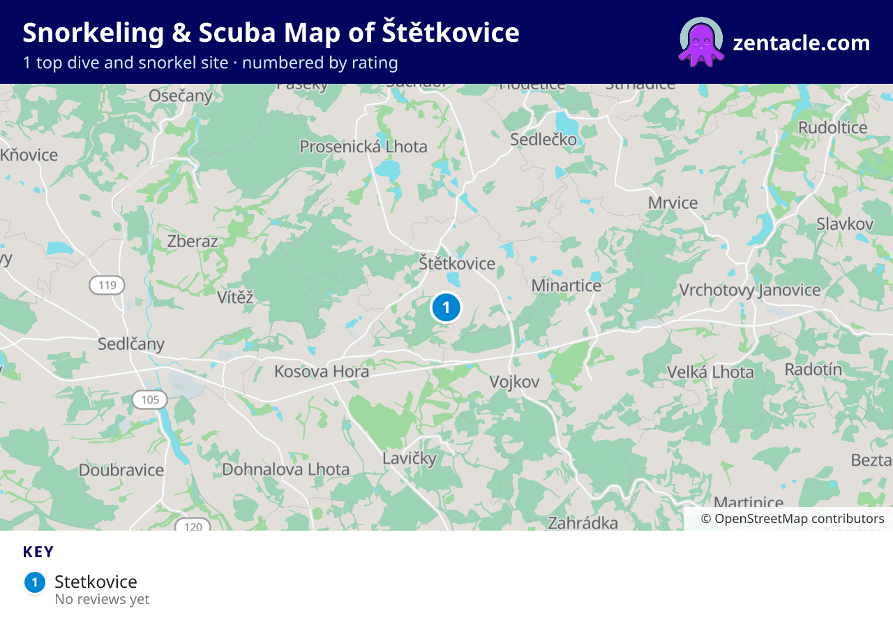 Snorkeling & Scuba Map of Štětkovice: numbered map of the top 1 dive and snorkel sites, with ratings