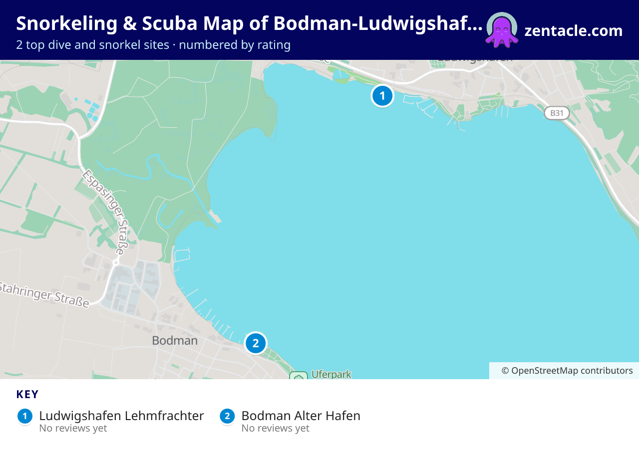 Snorkeling & Scuba Map of Bodman-Ludwigshafen: numbered map of the top 2 dive and snorkel sites, with ratings