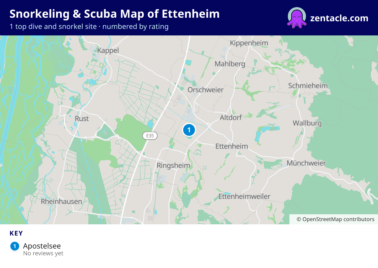 Snorkeling & Scuba Map of Ettenheim: numbered map of the top 1 dive and snorkel sites, with ratings