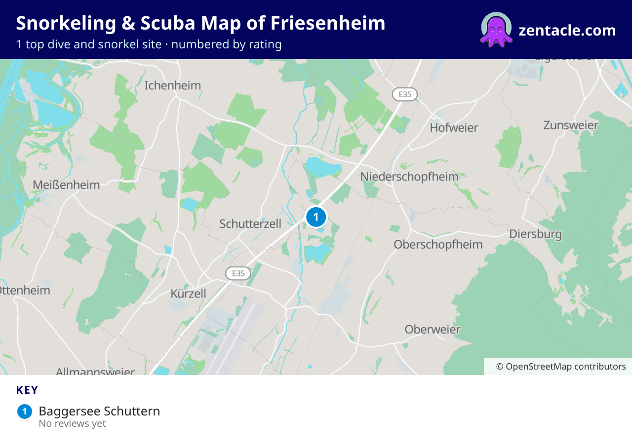 Snorkeling & Scuba Map of Friesenheim: numbered map of the top 1 dive and snorkel sites, with ratings