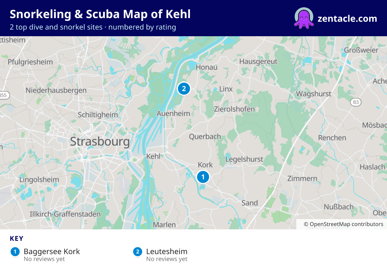 Snorkeling & Scuba Map of Kehl: numbered map of the top 2 dive and snorkel sites, with ratings