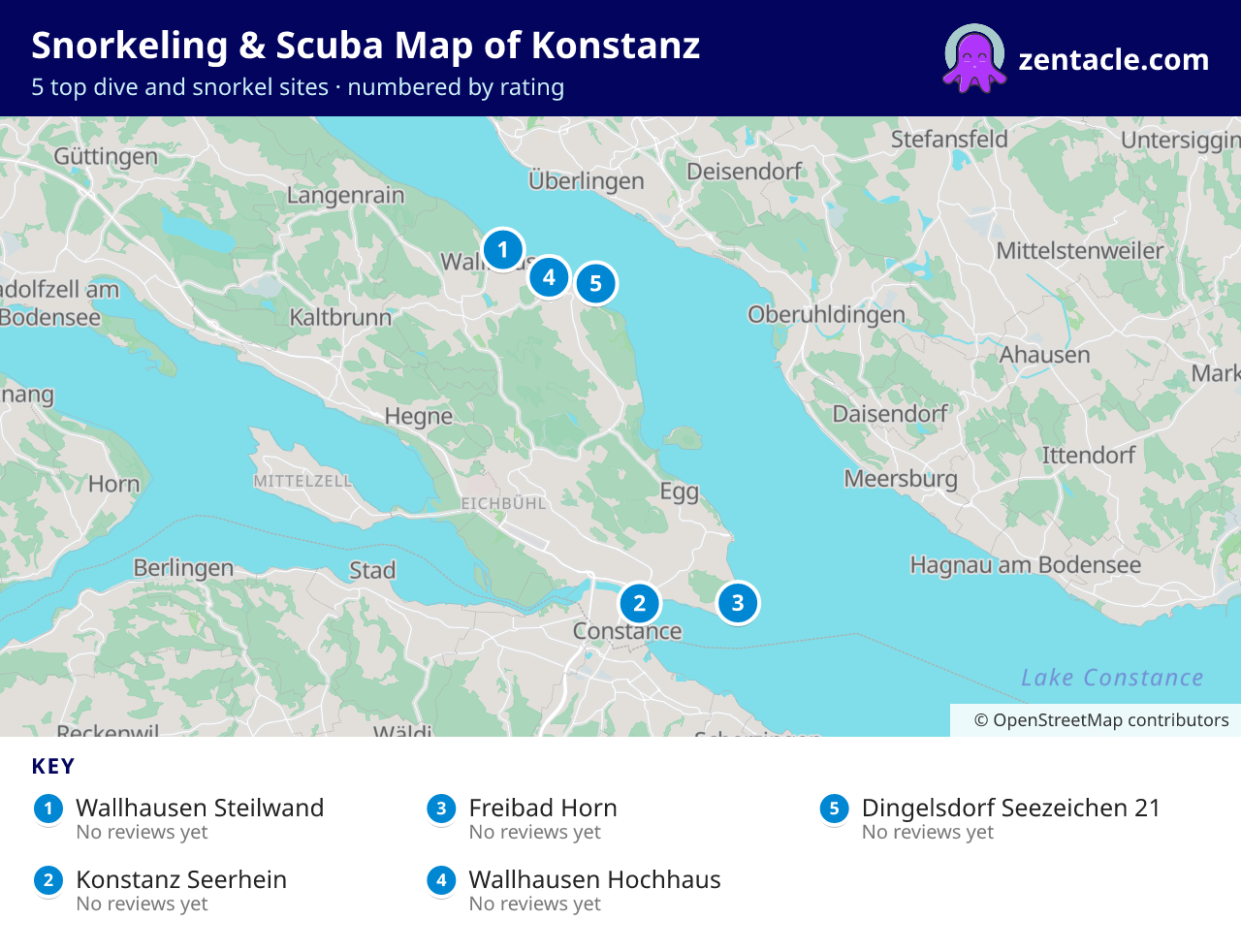 Snorkeling & Scuba Map of Konstanz: numbered map of the top 5 dive and snorkel sites, with ratings