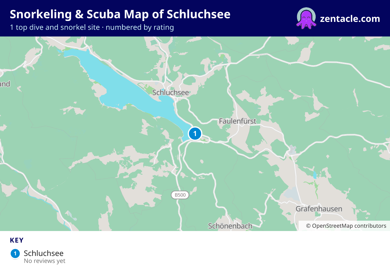 Snorkeling & Scuba Map of Schluchsee: numbered map of the top 1 dive and snorkel sites, with ratings