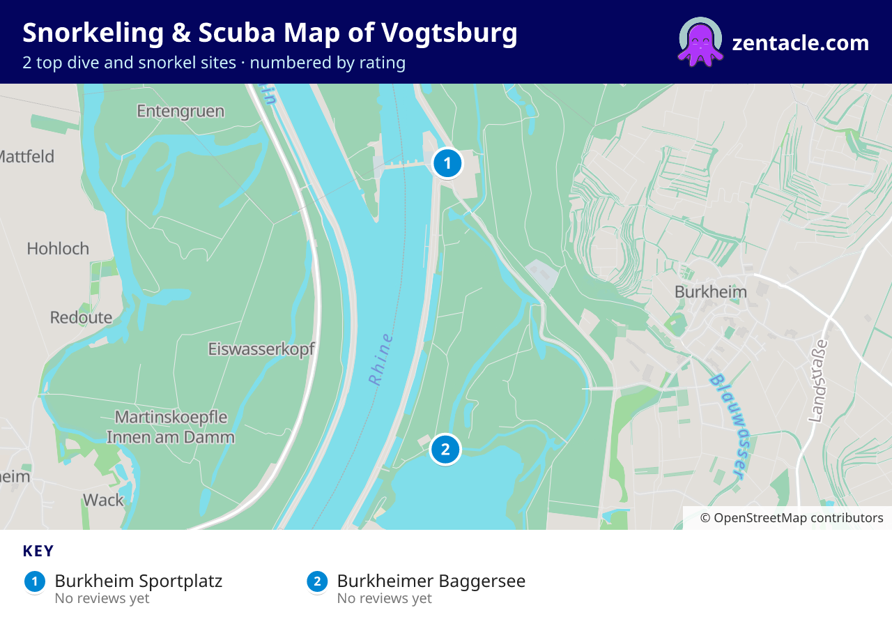 Snorkeling & Scuba Map of Vogtsburg: numbered map of the top 2 dive and snorkel sites, with ratings