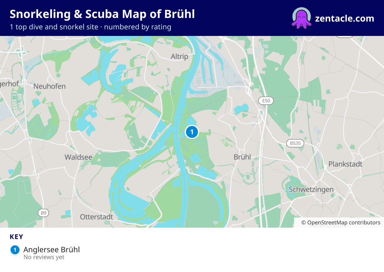 Snorkeling & Scuba Map of Brühl: numbered map of the top 1 dive and snorkel sites, with ratings