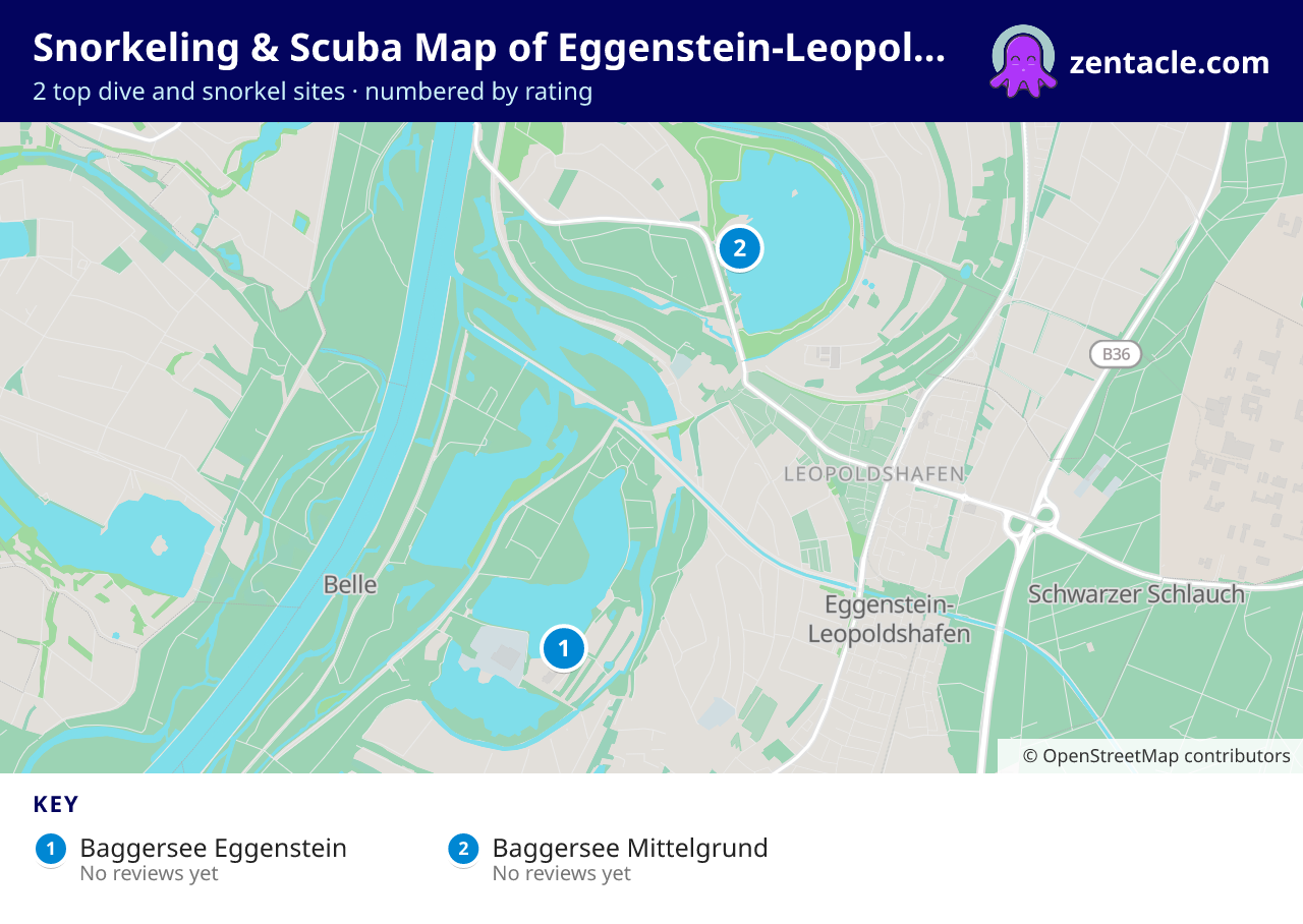 Snorkeling & Scuba Map of Eggenstein-Leopoldshafen: numbered map of the top 2 dive and snorkel sites, with ratings