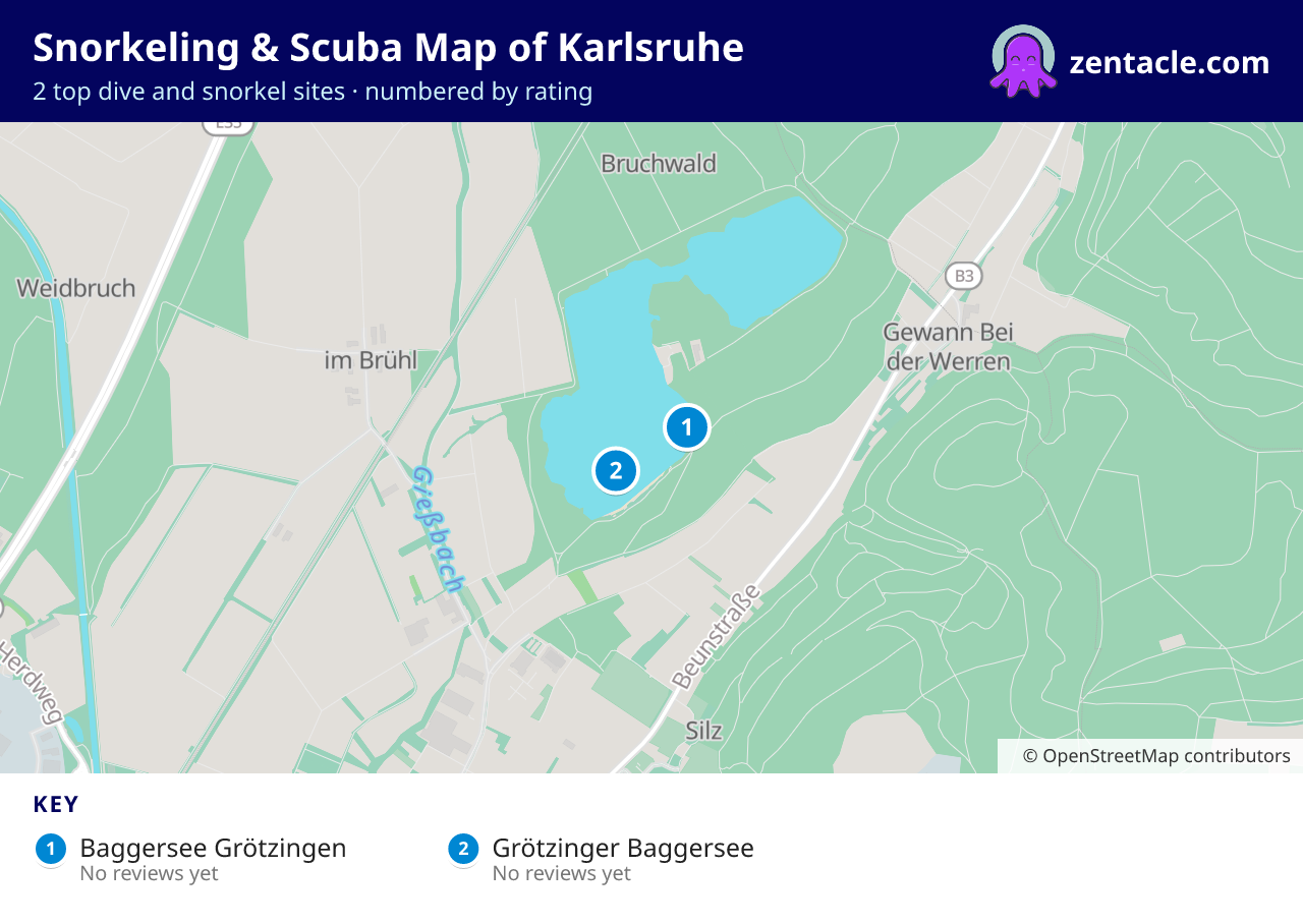 Snorkeling & Scuba Map of Karlsruhe: numbered map of the top 2 dive and snorkel sites, with ratings