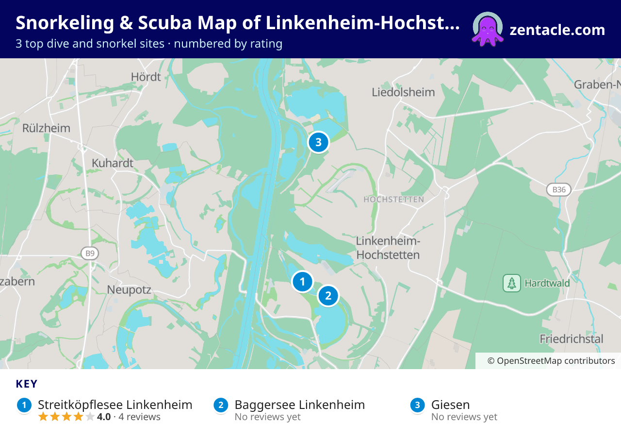 Snorkeling & Scuba Map of Linkenheim-Hochstetten: numbered map of the top 3 dive and snorkel sites, with ratings