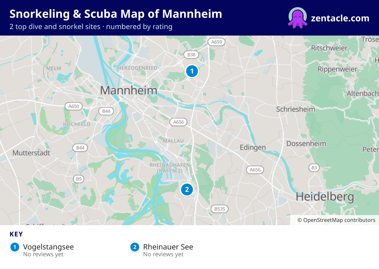 Snorkeling & Scuba Map of Mannheim: numbered map of the top 2 dive and snorkel sites, with ratings