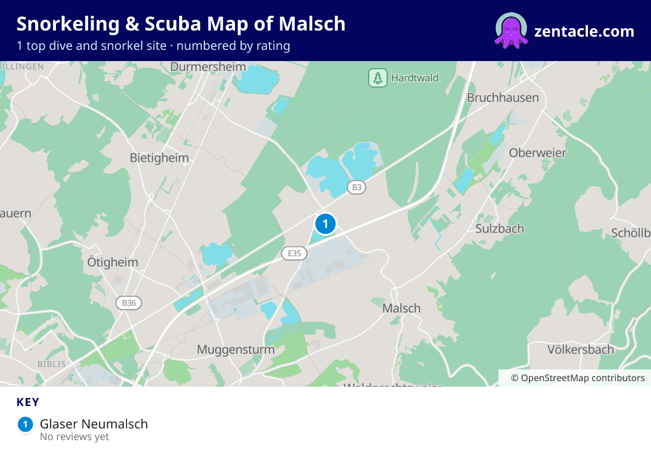Snorkeling & Scuba Map of Malsch: numbered map of the top 1 dive and snorkel sites, with ratings