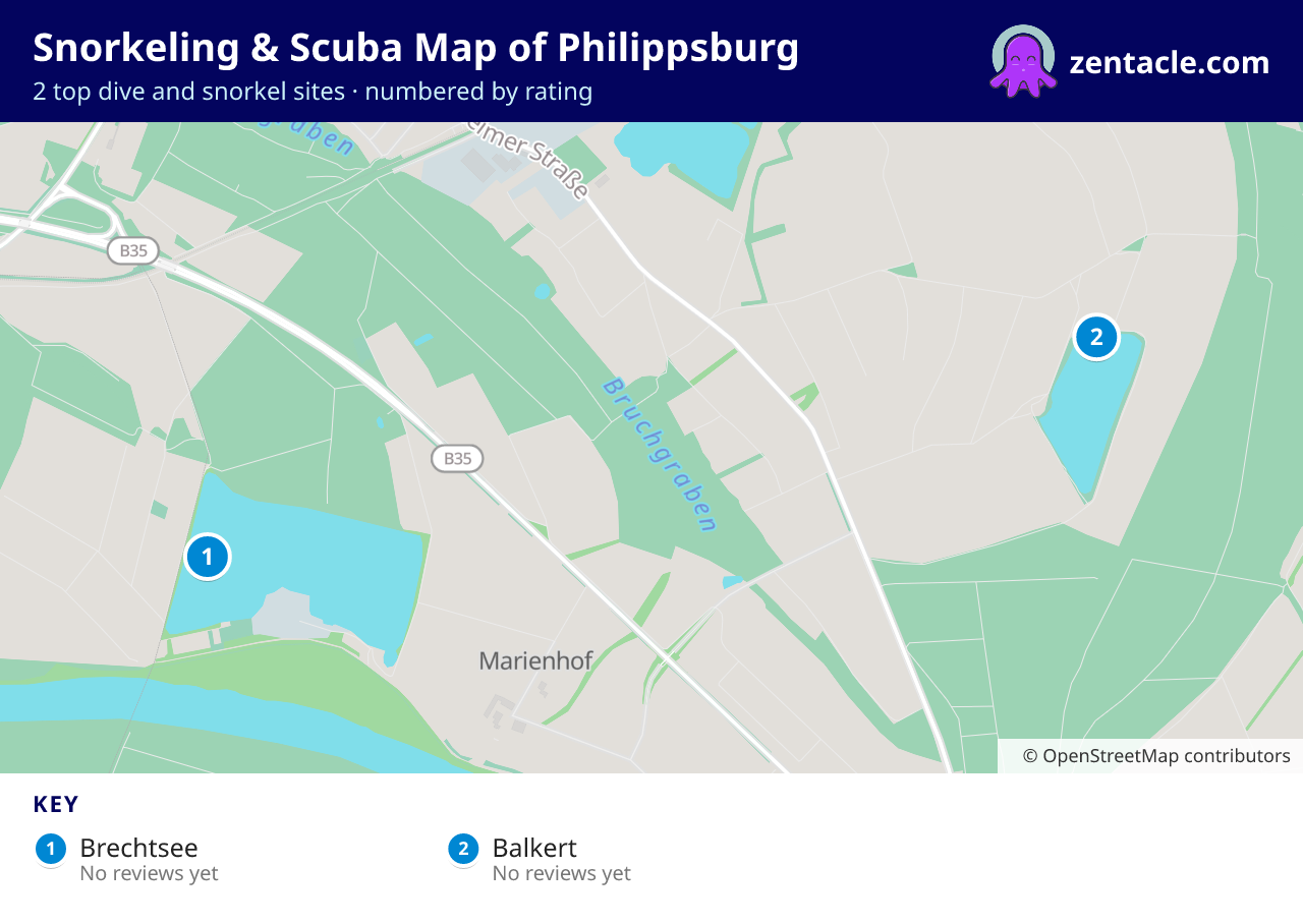 Snorkeling & Scuba Map of Philippsburg: numbered map of the top 2 dive and snorkel sites, with ratings