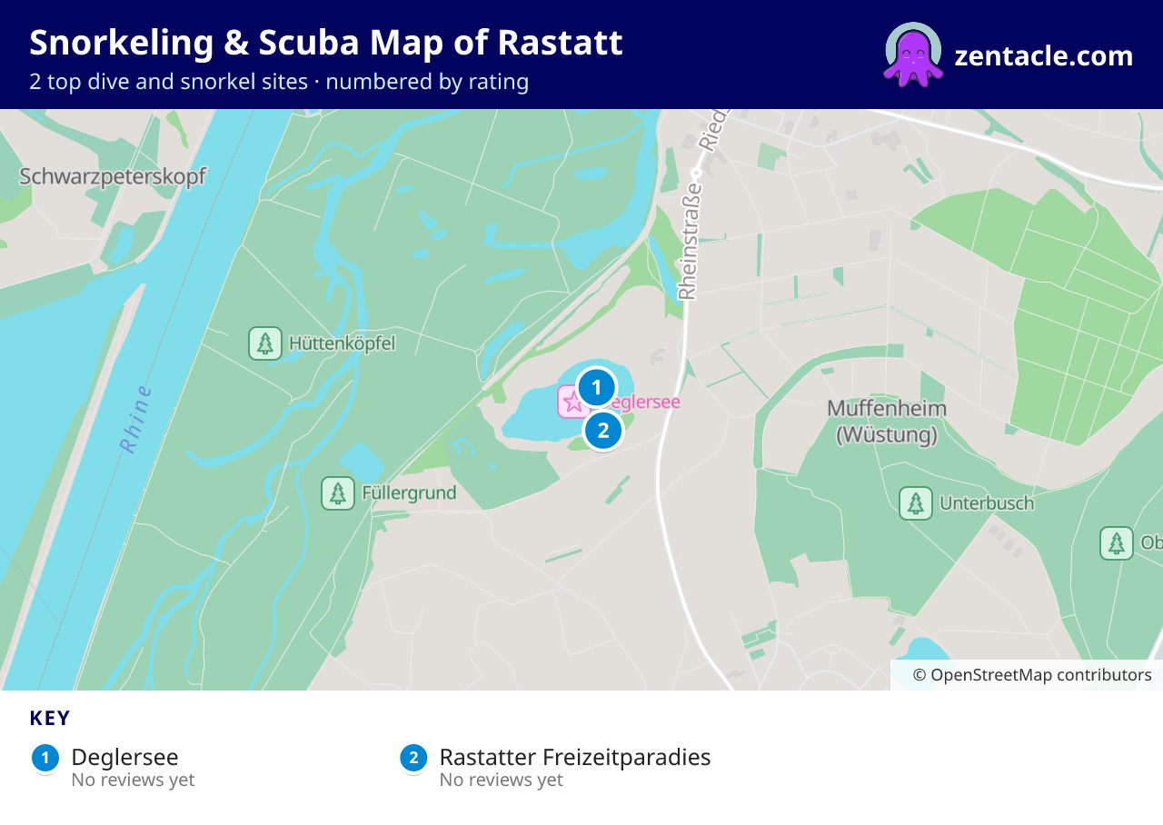 Snorkeling & Scuba Map of Rastatt: numbered map of the top 2 dive and snorkel sites, with ratings