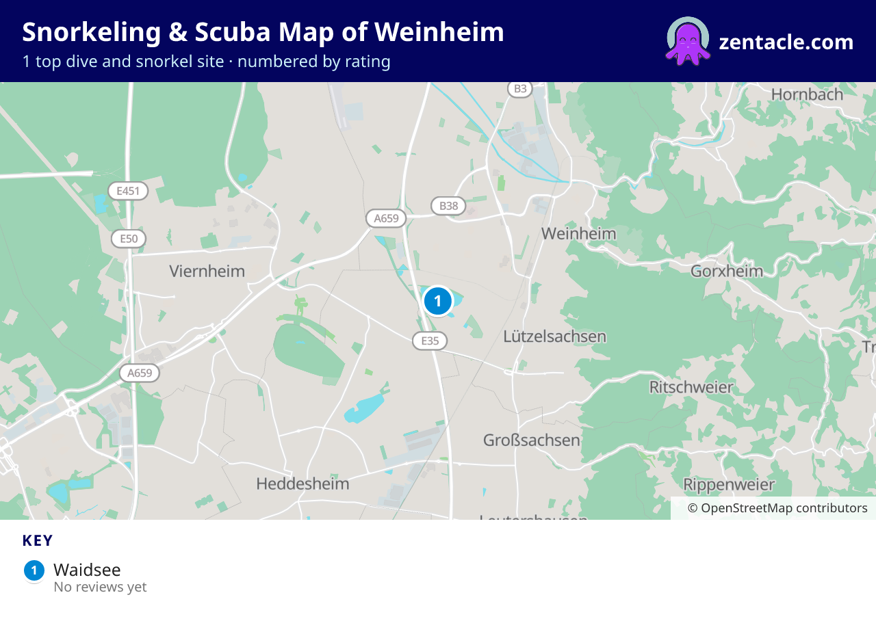 Snorkeling & Scuba Map of Weinheim: numbered map of the top 1 dive and snorkel sites, with ratings