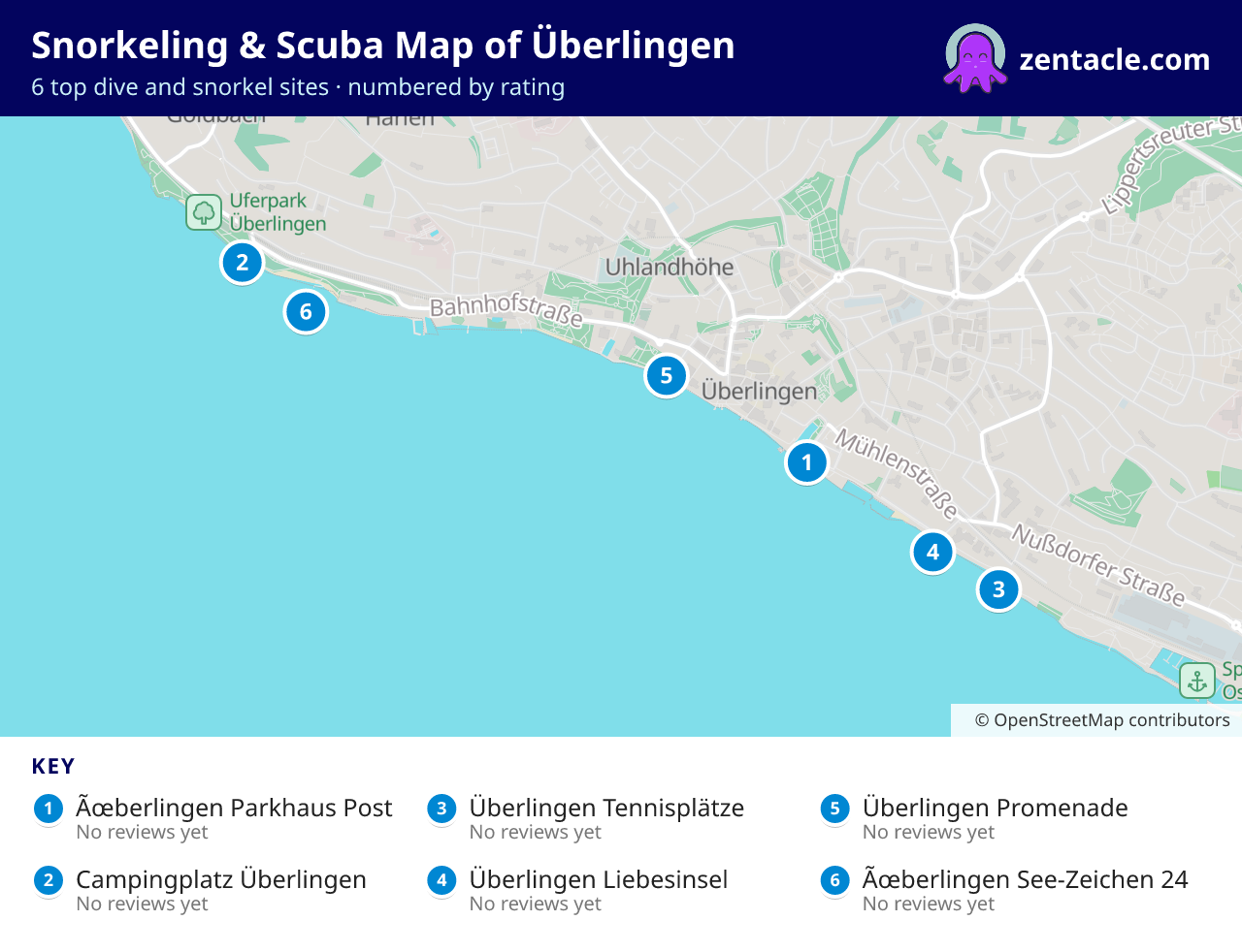Snorkeling & Scuba Map of Überlingen: numbered map of the top 6 dive and snorkel sites, with ratings